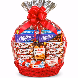 Cesta de Navidad con calendario de Adviento y chocolates, presentada con lazo rojo.