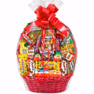 Cesta surtida de chocolates, chuches y snacks con productos Kinder, Lacasitos y aperitivos