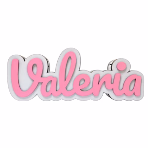 Estuche de madera blanco personalizado con nombre Valeria en letras rosas en relieve.
